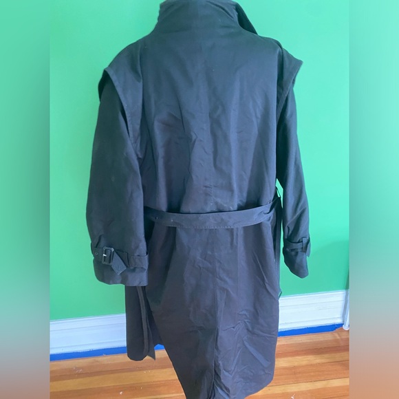 Vintage 80s A Trigere Coat trench black grey wool layered coat high collar - Picture 9 of 16